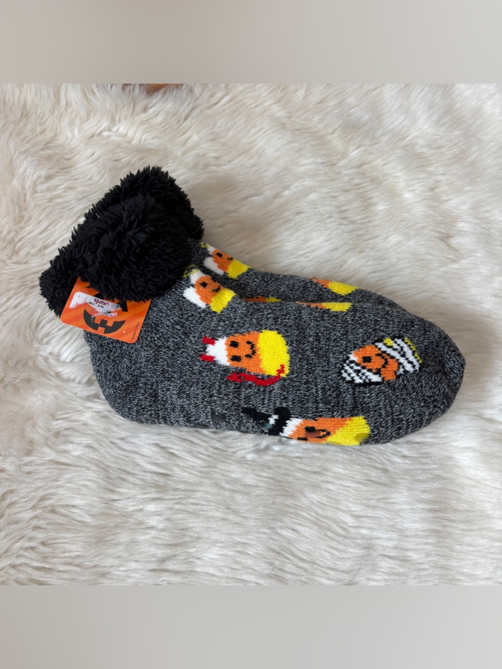 Cozy Gray Candy Corn Halloween Fuzzy Slipper Socks